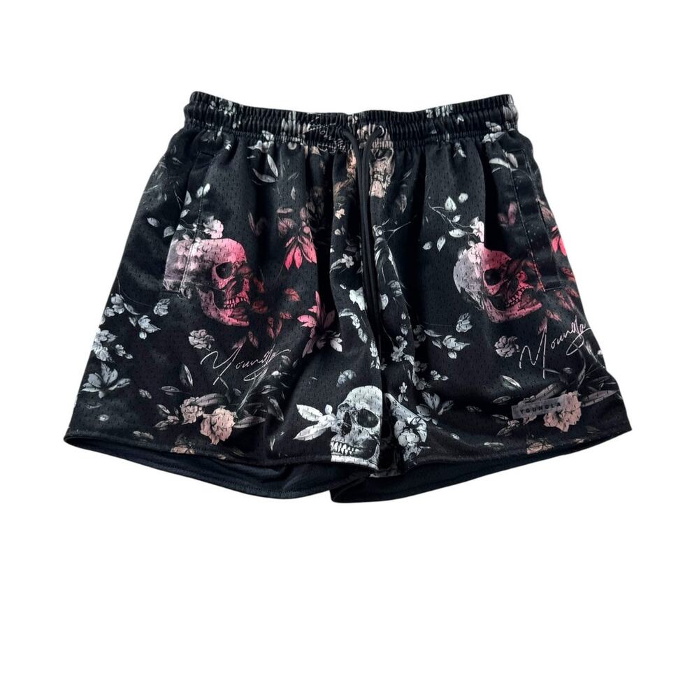 YoungLA 1111 Skulls Roses Reversible Shorts Mens S Black Flower Skull Gym Grunge